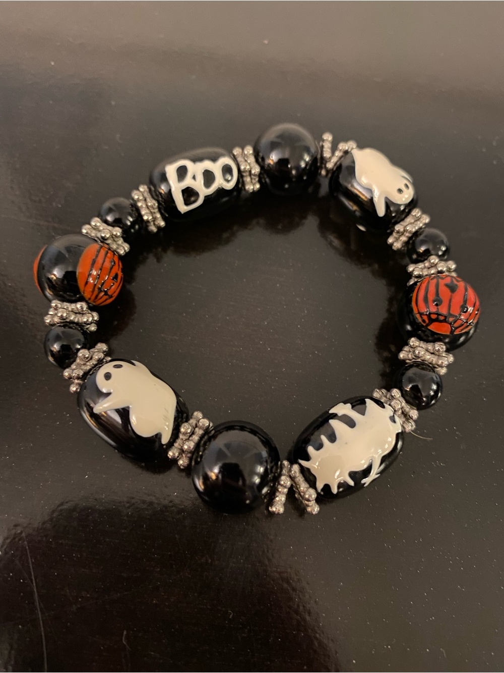 Linpeng Hand Painted Glass Bead Halloween-Themed Stretch Bracelet